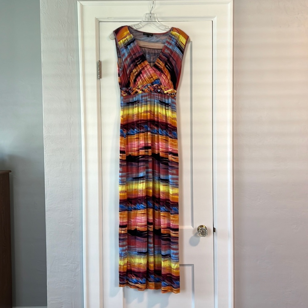 Sunset patterned maxi dress. Worn once. Beautiful braided waist belt.
